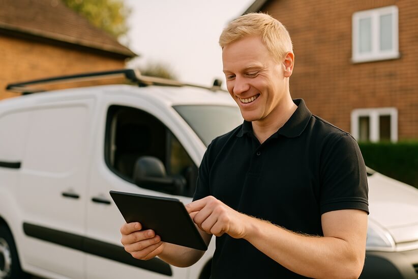 Smiling blonde tradesperson using a tablet outdoors next to a work van and brick house.