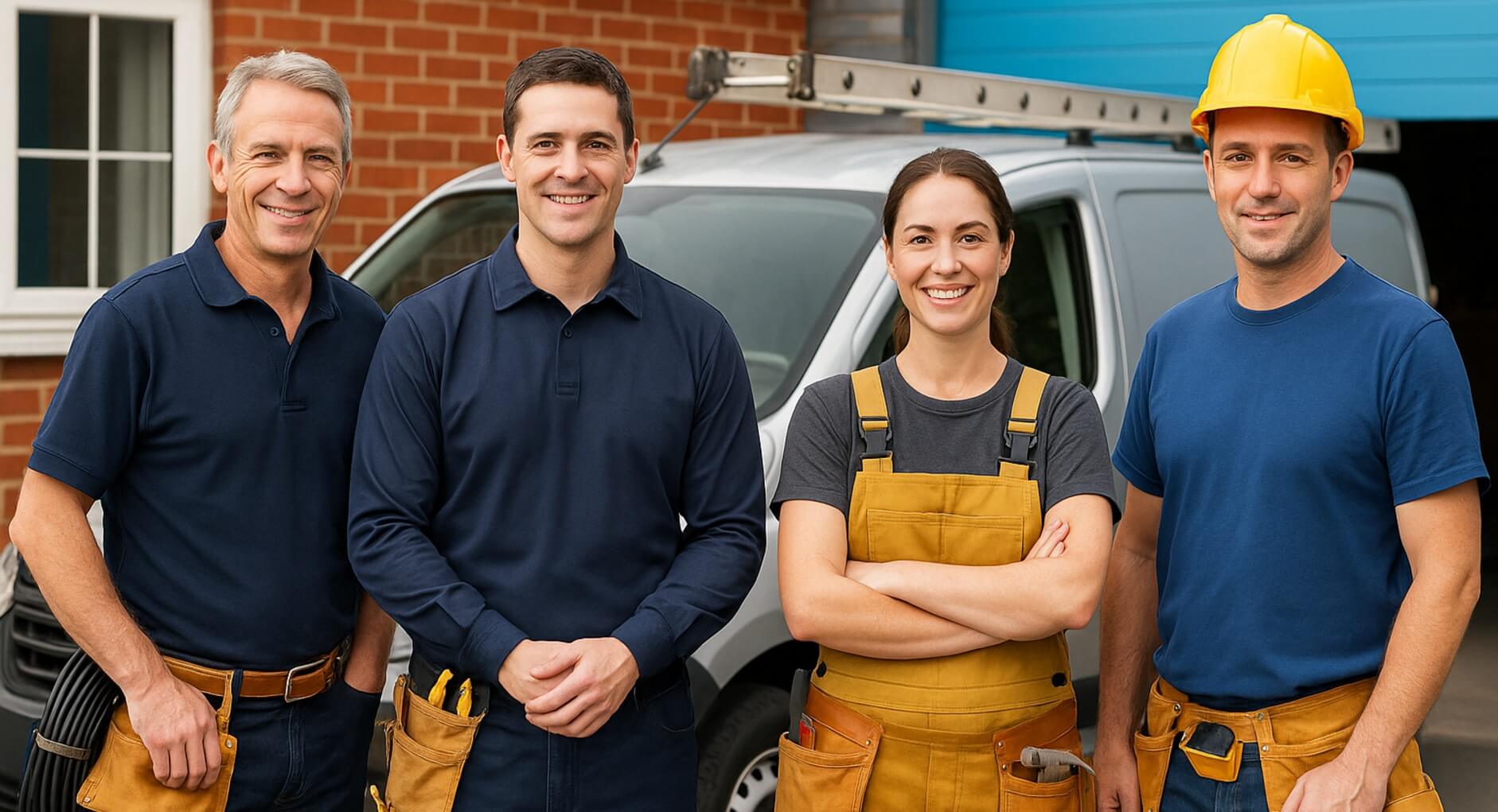 Four professional UK tradespeople in workwear standing outside a van, representing the TradePal community focused on business growth and lead generation.