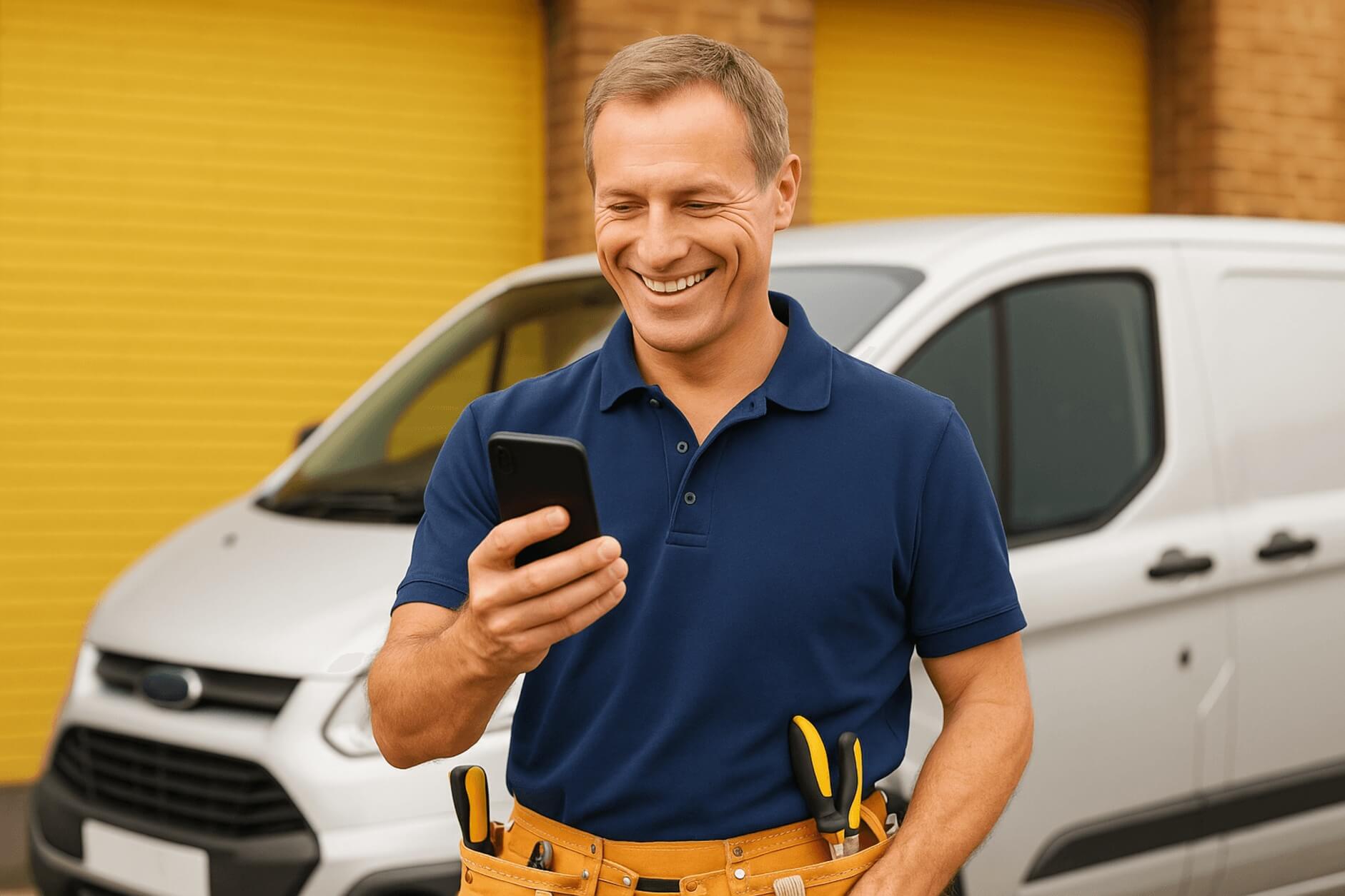 Smiling tradesman in navy polo and tool belt looking at smartphone outside his white work van, representing successful lead generation with TradePal.