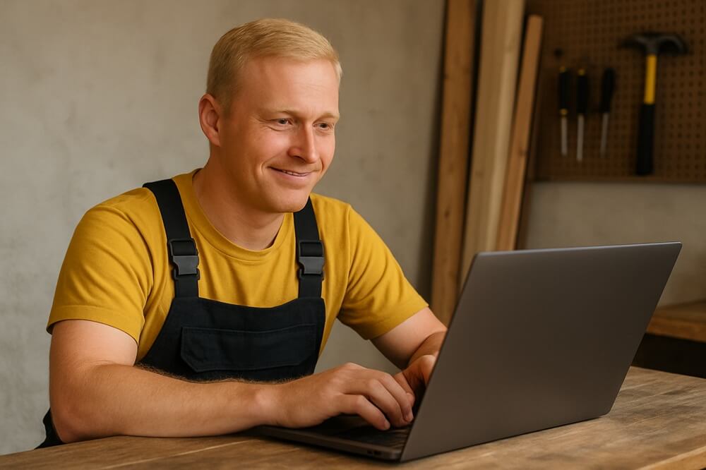 Happy tradesman using a laptop to manage his TradePal website