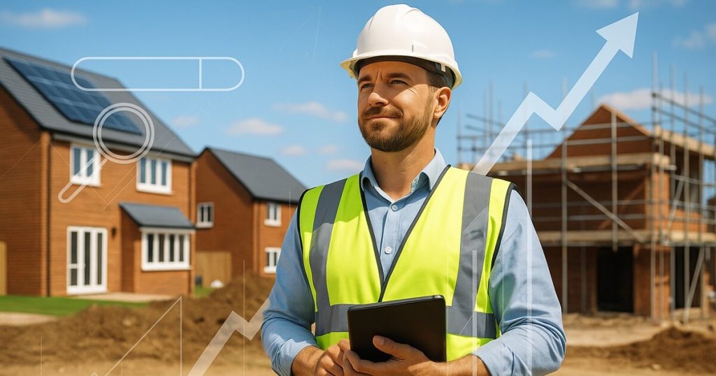 How to grow a construction company – site manager with tablet overseeing housing project and growth indicators