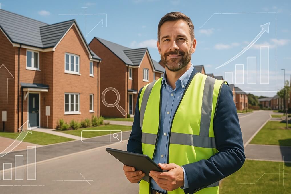 site manager with tablet in front of modern housing development and growth icons