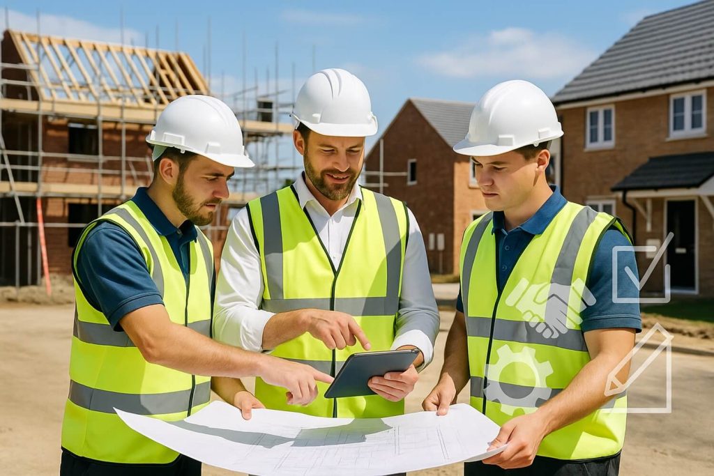 construction team reviewing blueprints and digital tablet on modern site