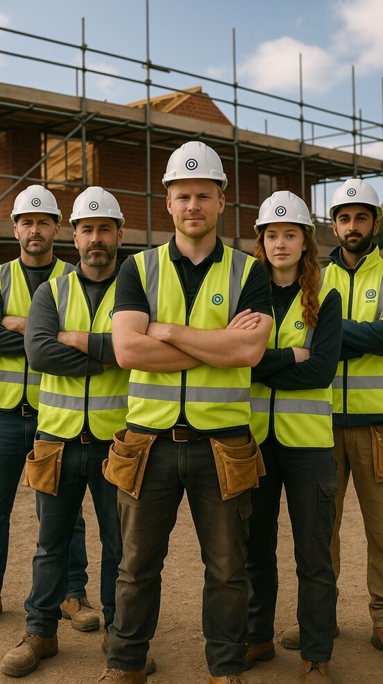 Branding for Tradesmen showing a professional construction team wearing matching high-vis vests and hard hats, symbolising trust, recognition, and consistency in trade business branding.