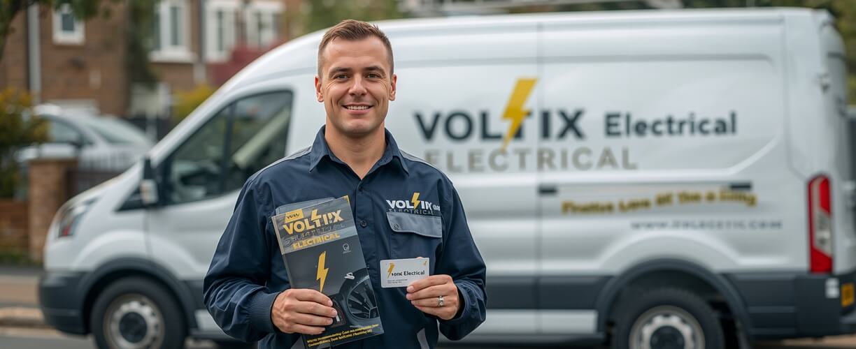 Branding for tradesmen with electrician in uniform holding brochure and card in front of branded van.