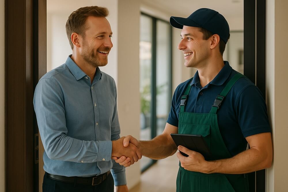 Professional cleaner shaking hands with a client while holding a tablet, representing cleaning business marketing and strong customer relationships.