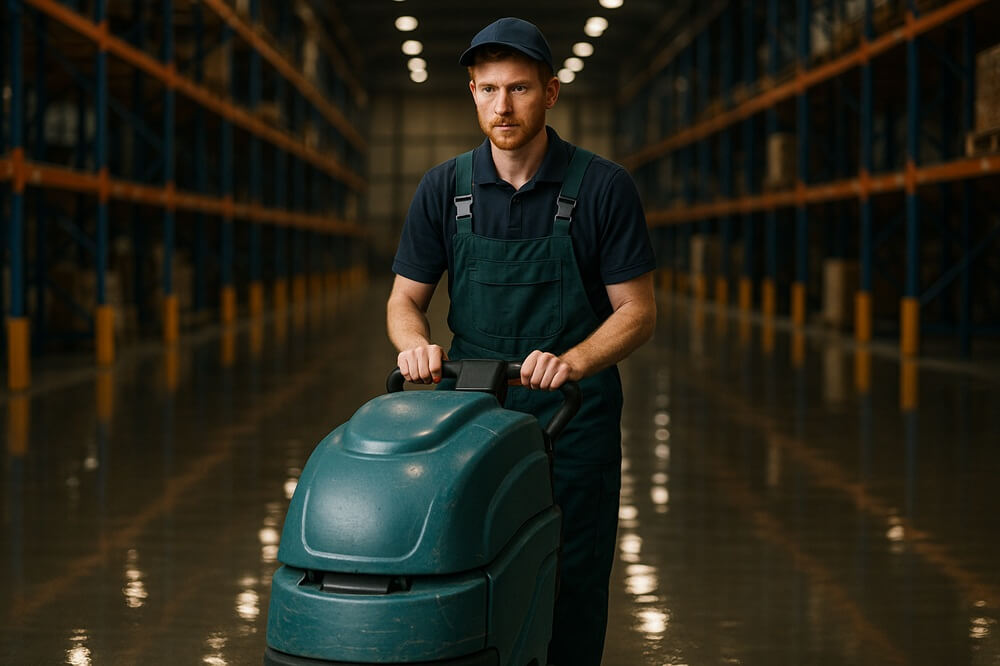 Professional cleaner using a floor-scrubbing machine to clean a large warehouse, representing cleaning business marketing for industrial cleaning services.
