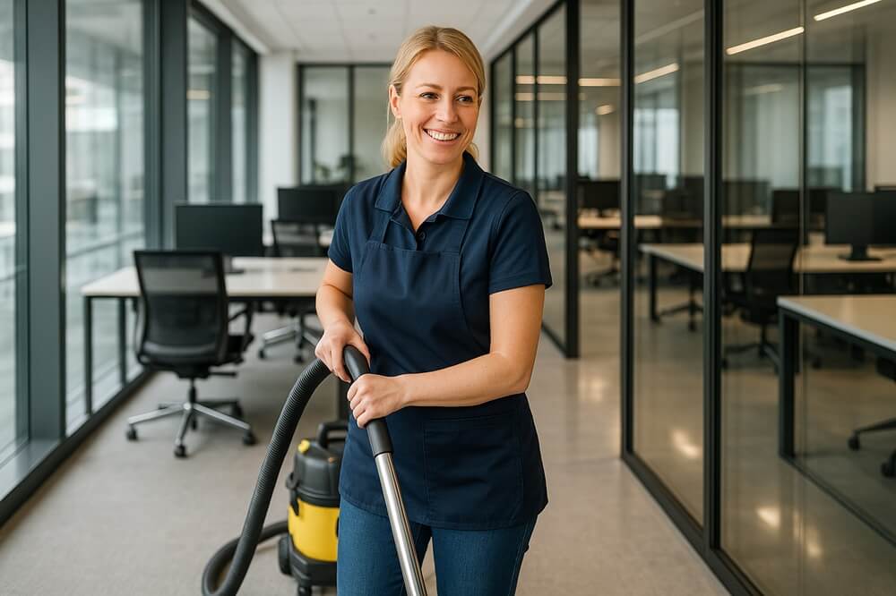 Professional cleaner vacuuming a modern office space, representing cleaning business marketing for commercial cleaning services and client lead generation.