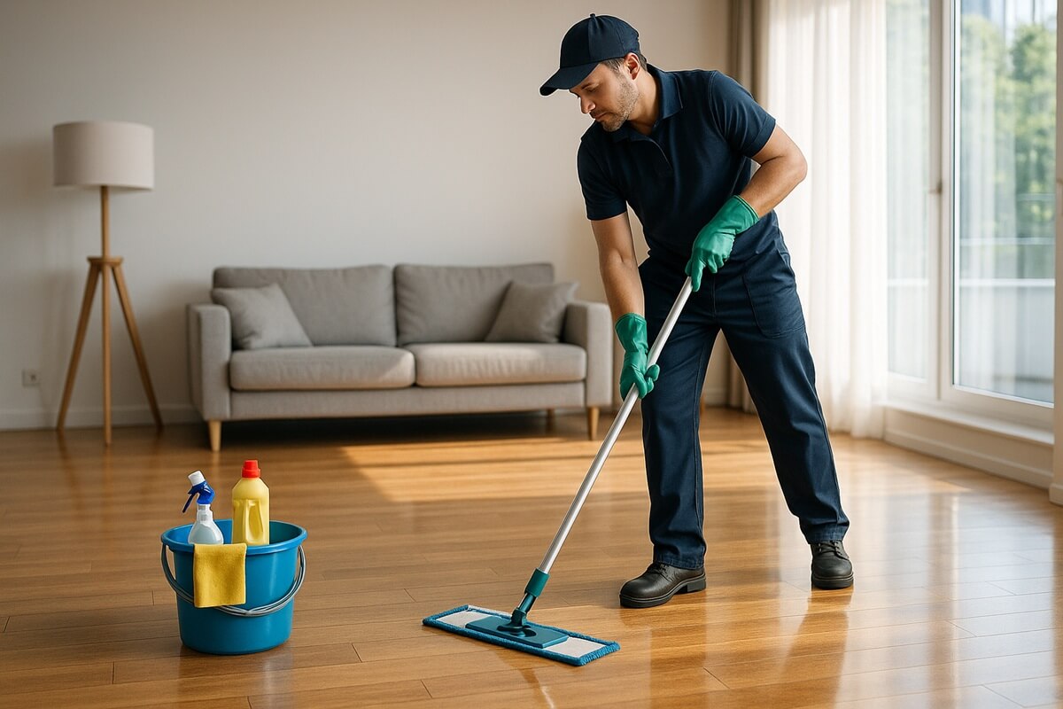 Professional cleaner mopping wooden floor in a modern living room, cleaning supplies in a blue bucket, representing cleaning business marketing services.