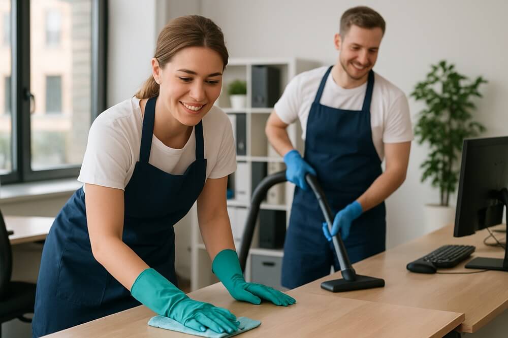 Two professional cleaners wiping and vacuuming desks in a modern office, symbolising cleaning business marketing for commercial cleaning services.