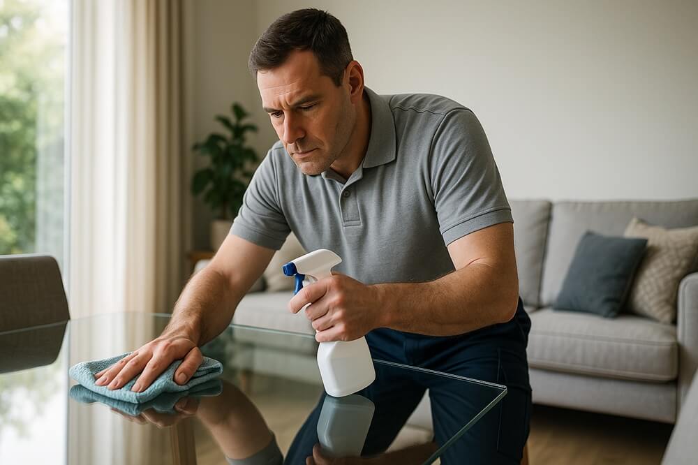 Cleaning services professional wiping a glass table during a residential home clean in the UK.