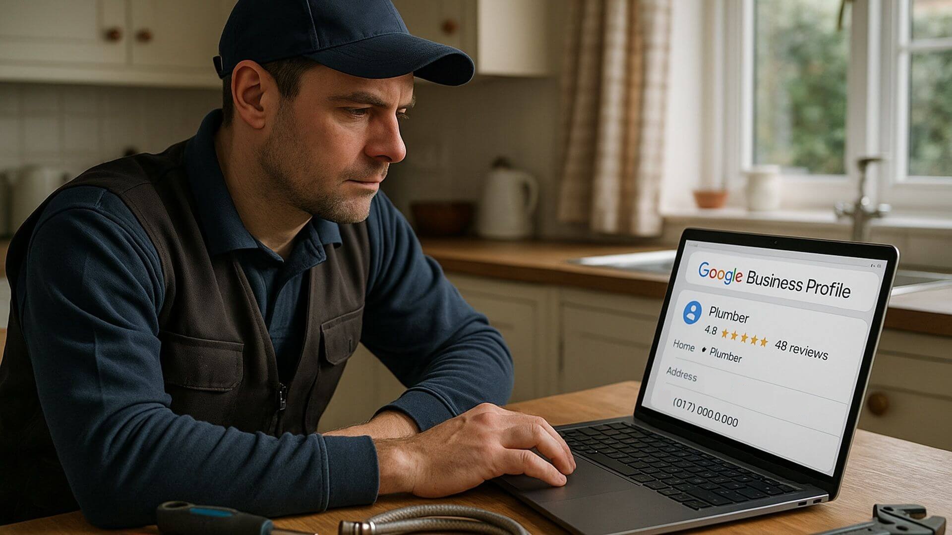 Digital marketing for tradespeople showing a plumber checking his Google Business Profile with customer reviews on a laptop.