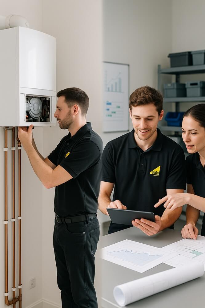 Gas engineer working on a boiler alongside a team reviewing marketing plans on a tablet, representing TradePal’s marketing services for growing gas engineer businesses.