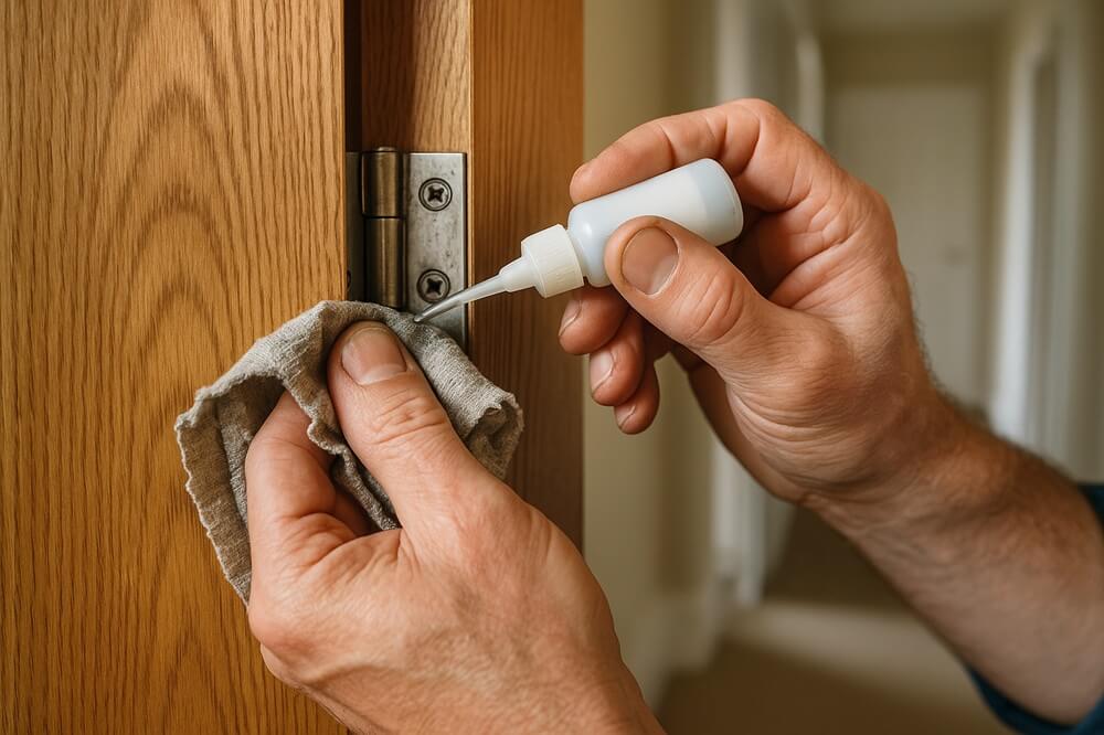 Close-up of an English handyman lubricating a squeaky door hinge with oil, representing handyman marketing for home repair services.