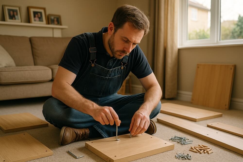 English handyman assembling flat-pack furniture on a living room floor, representing handyman marketing for household services.