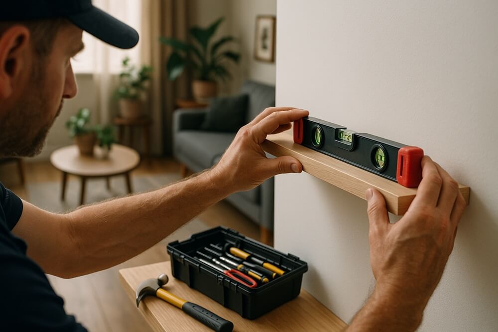 English handyman using a spirit level to install a floating shelf in a UK living room, representing handyman marketing and precision home repair services.