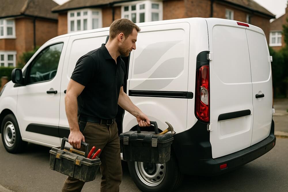 Handyman marketing with professional tradesman carrying toolboxes next to branded service van outside residential home