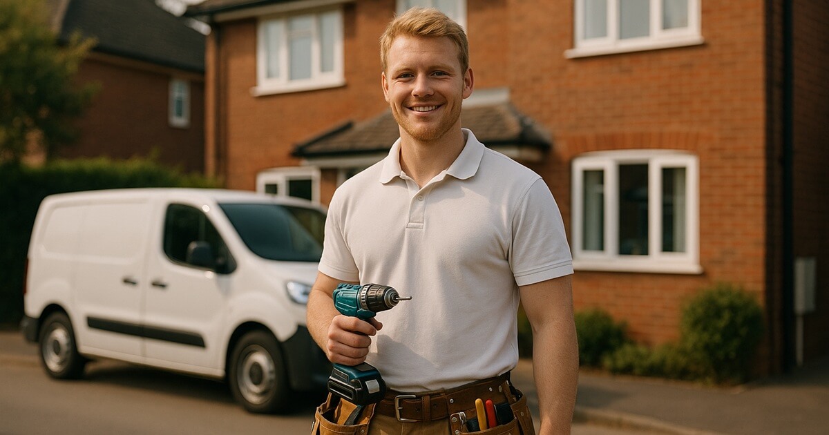 English handyman standing outside a suburban home with a drill and tool belt, representing handyman marketing and local service promotion.