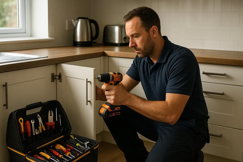 This image highlights handyman services in action, showing a skilled professional fixing a kitchen cabinet in a modern UK home. It reflects the reliability, attention to detail, and trustworthiness that homeowners look for when hiring someone for home repair and maintenance tasks. The professional setting and clean workspace support the TradePal goal of promoting quality, local trades.