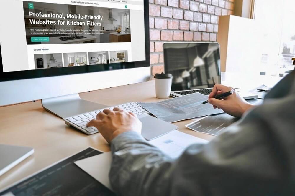 A desktop screen showing a professional, mobile-friendly website designed for kitchen fitters, highlighting how TradePal’s marketing services help generate local leads and grow kitchen fitting businesses.
