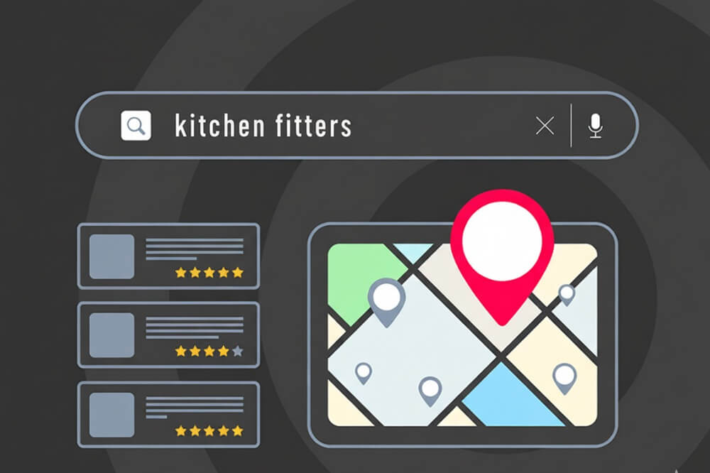 Google search results and map rankings showing local kitchen fitters, representing how TradePal uses smart SEO strategies to boost visibility and attract quality local leads.
