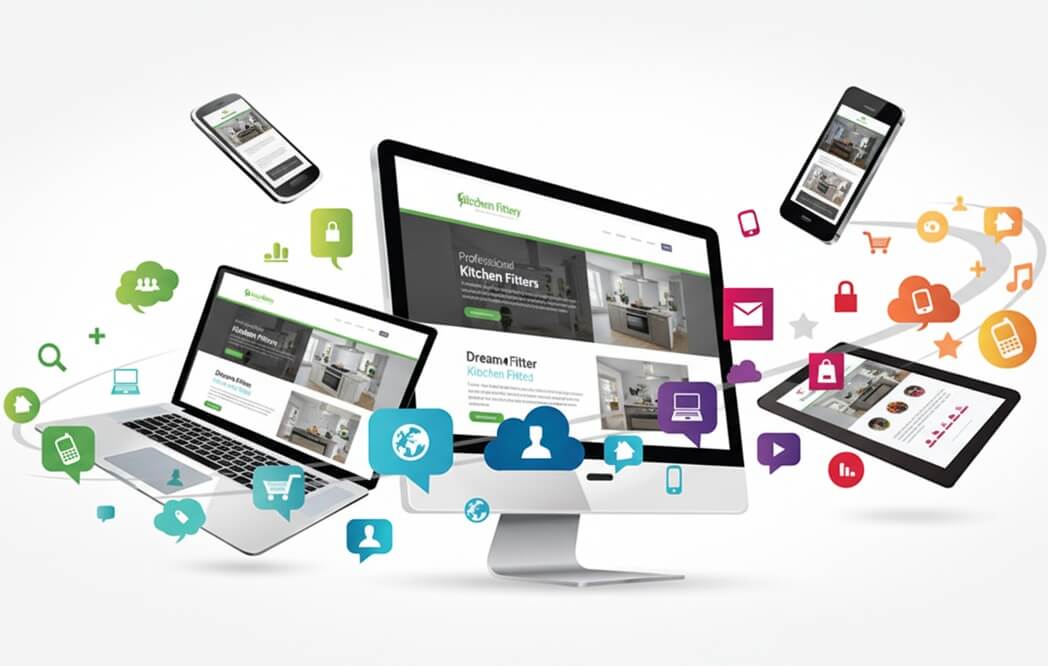 Laptops, tablets, and phones showing a kitchen fitter website with digital icons, representing how TradePal’s marketing services improve online visibility and lead generation for kitchen fitters.