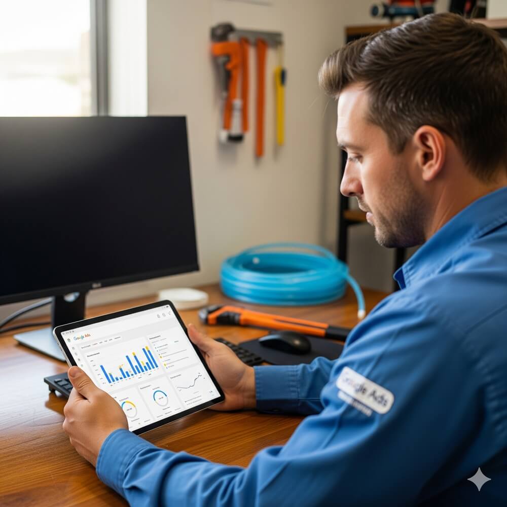 Plumber reviewing Google Ads performance on a tablet, tracking plumbing marketing campaigns to boost local visibility and generate plumbing service leads.