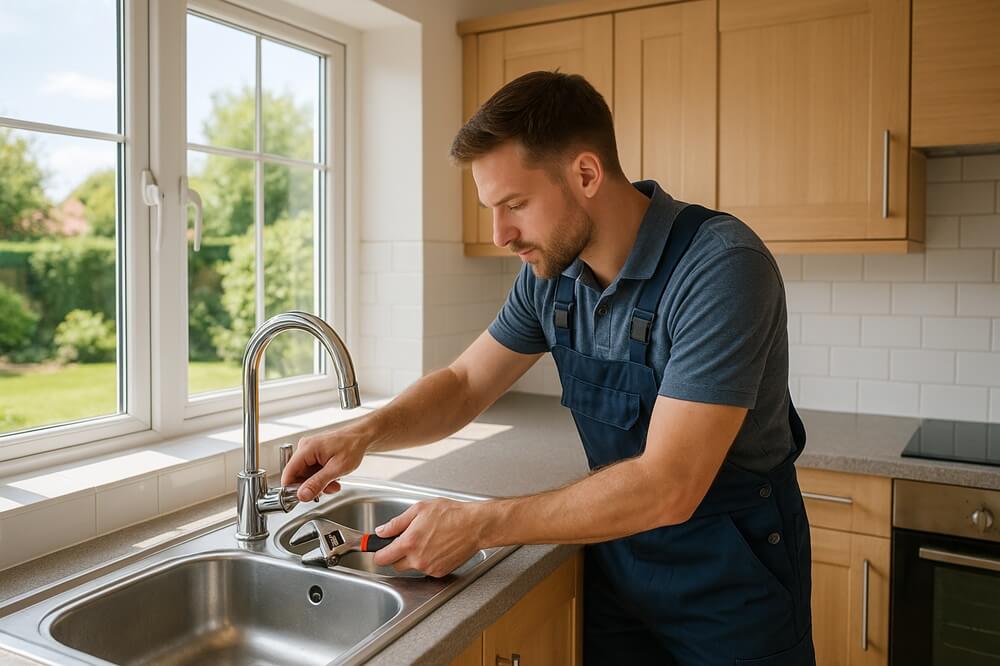 Plumber in overalls fixing a UK kitchen sink tap with tools on a bright summer day, representing plumbing services promoted through marketing for plumbers.