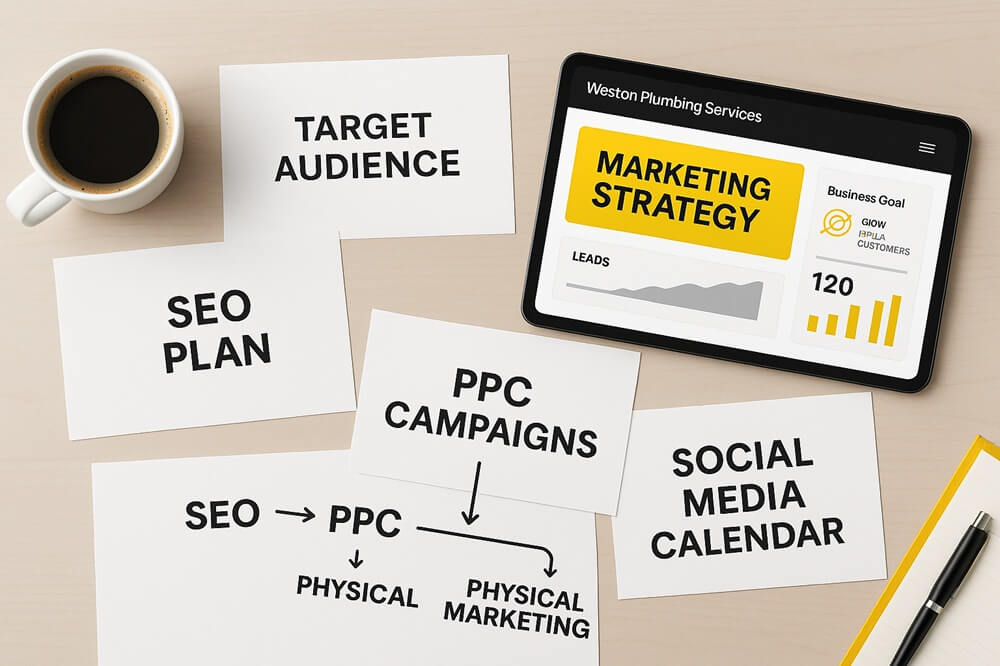 Plumbing marketing strategy planning with tablet and printed notes, showing steps like SEO, PPC, and social media calendar to grow a plumbing business.