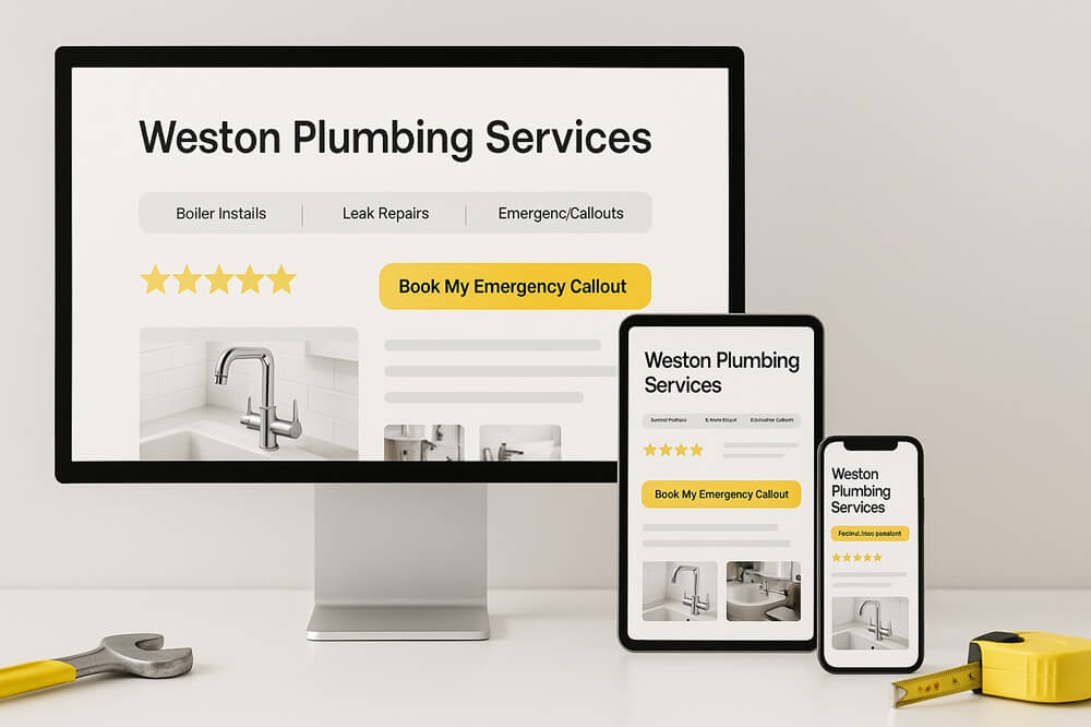 Responsive plumbing website design shown on desktop, tablet, and smartphone with bold call-to-action and reviews, representing strong online presence for plumbers.