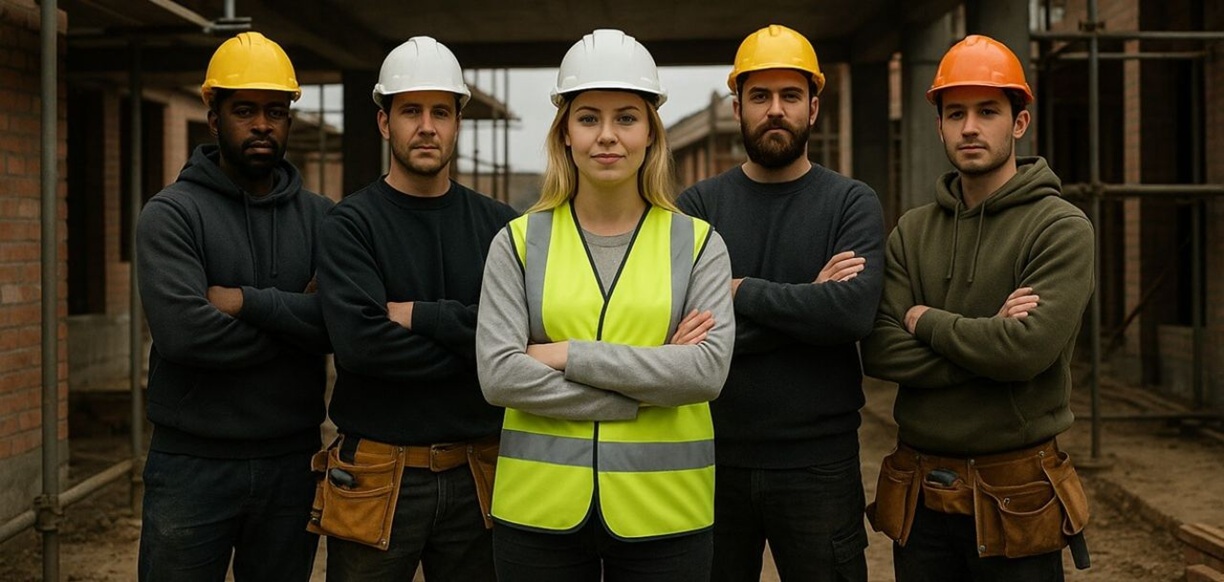 SEO for Tradesmen showing a team of construction workers with a female tradesperson in a high-vis vest and hard hat, standing confidently on a building site to represent teamwork and local business visibility.