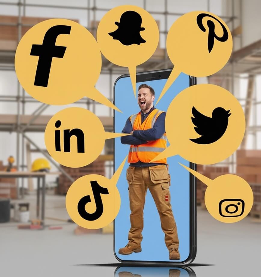 A UK tradesperson standing inside a smartphone graphic with icons for Facebook, Instagram, LinkedIn, TikTok, Twitter, Pinterest, and Snapchat, representing social media marketing for tradespeople to grow their business online.