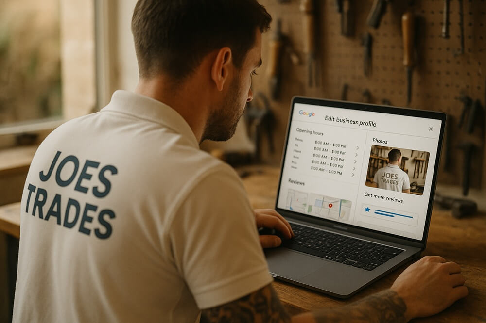 Tradesperson updating Google Business Profile on a laptop inside a UK workshop.
