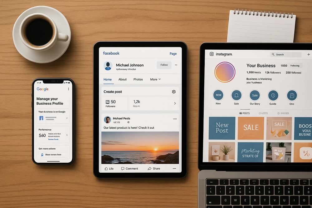 Digital marketing dashboard showing Google Business Profile, Facebook, and Instagram pages for a UK business.