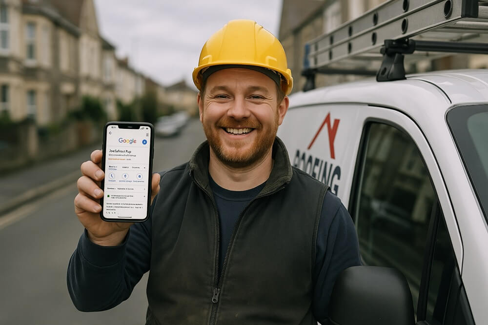 UK roofing tradesman holding a smartphone showing his verified Google Business Profile listing in front of his work van.