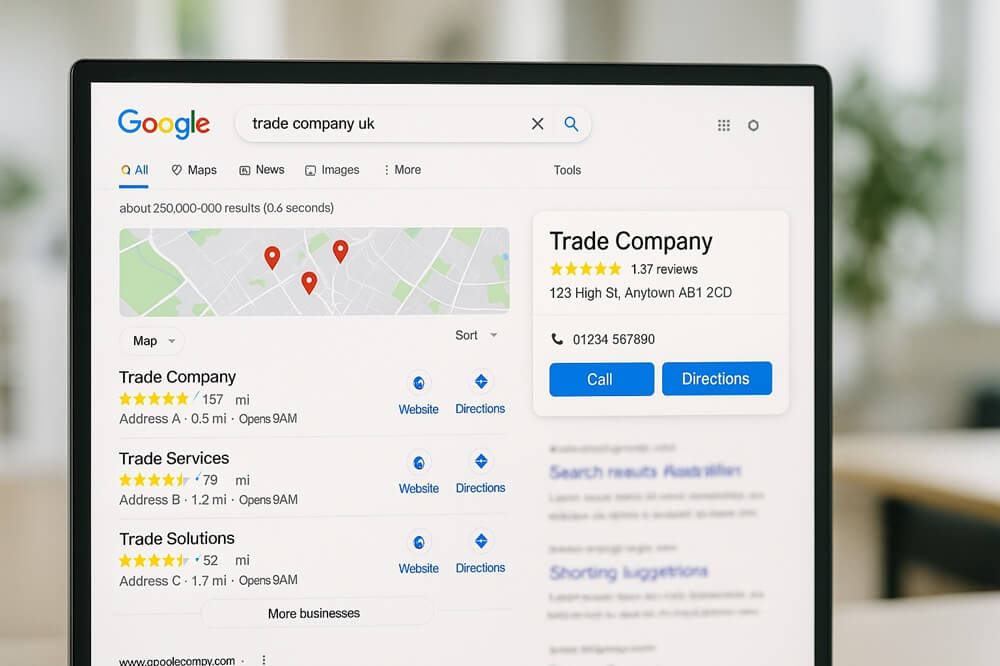 Google Business Profile map pack showing UK trade company listings in Google Search results.