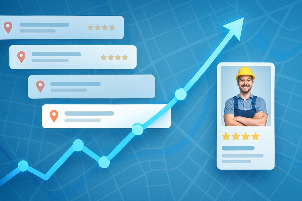 Google Business Profile visibility growth concept with map pins, star ratings, and upward graph line for UK tradespeople.